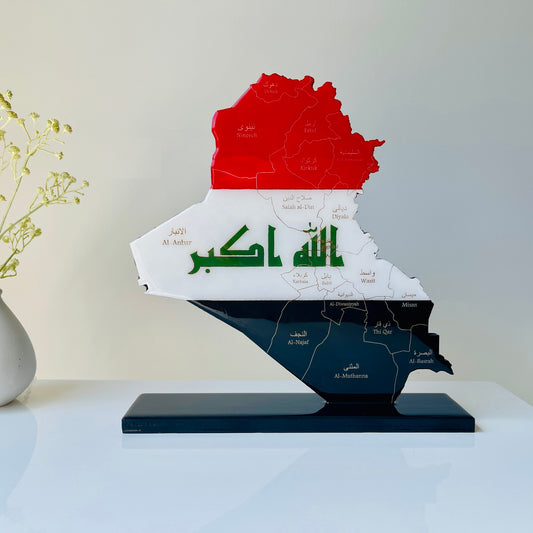 Iraq Map with Flag Colours & Resin Finish on a stand