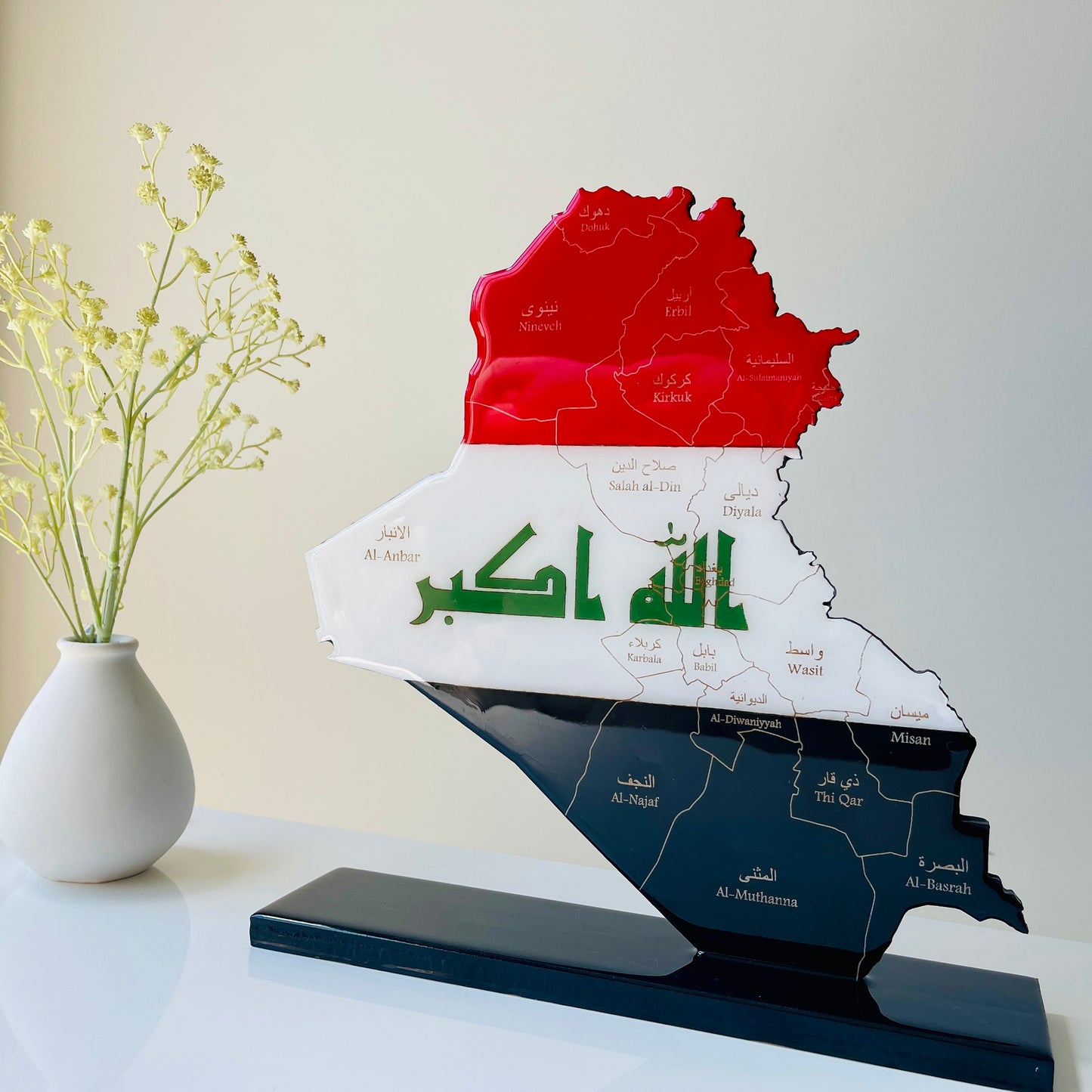 Iraq Map with Flag Colours & Resin Finish on a stand