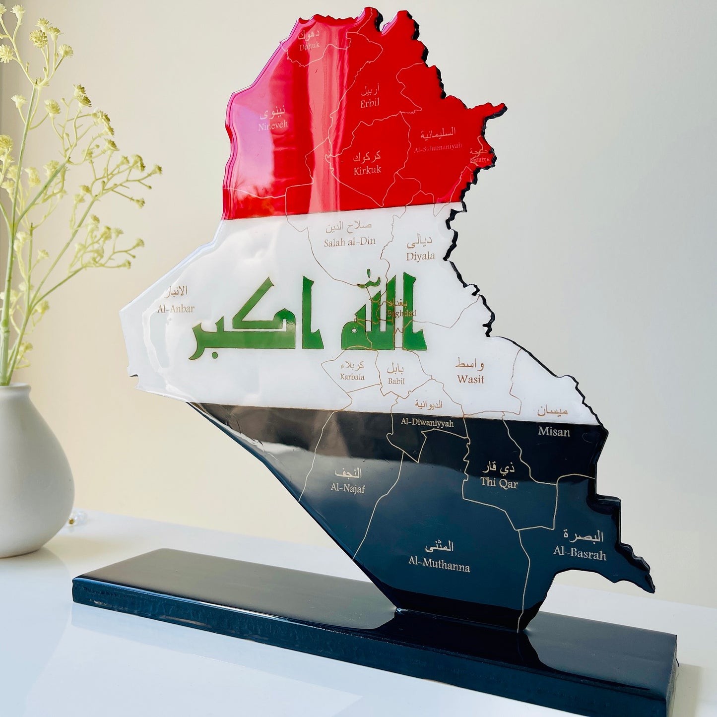 Iraq Map with Flag Colours & Resin Finish on a stand