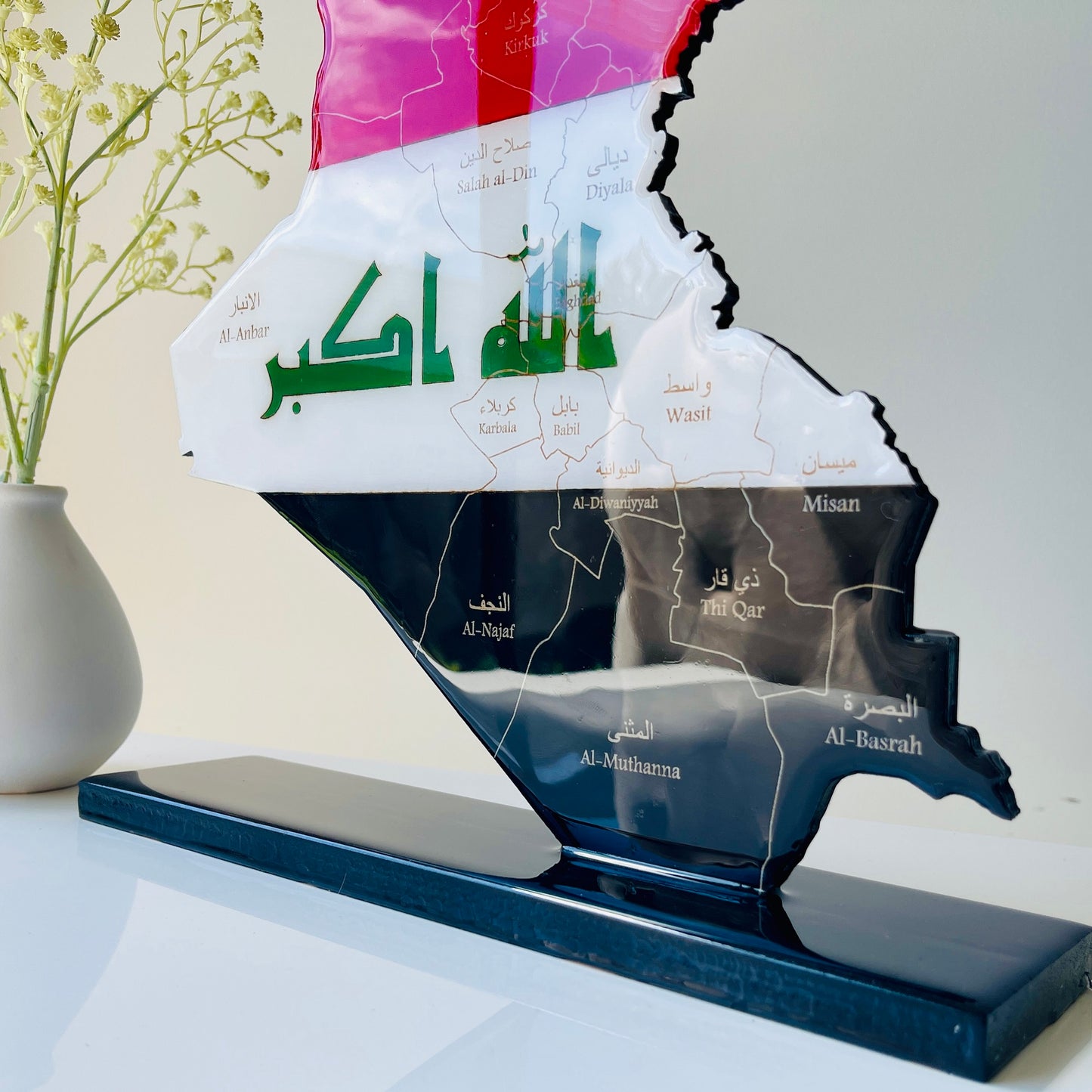 Iraq Map with Flag Colours & Resin Finish on a stand