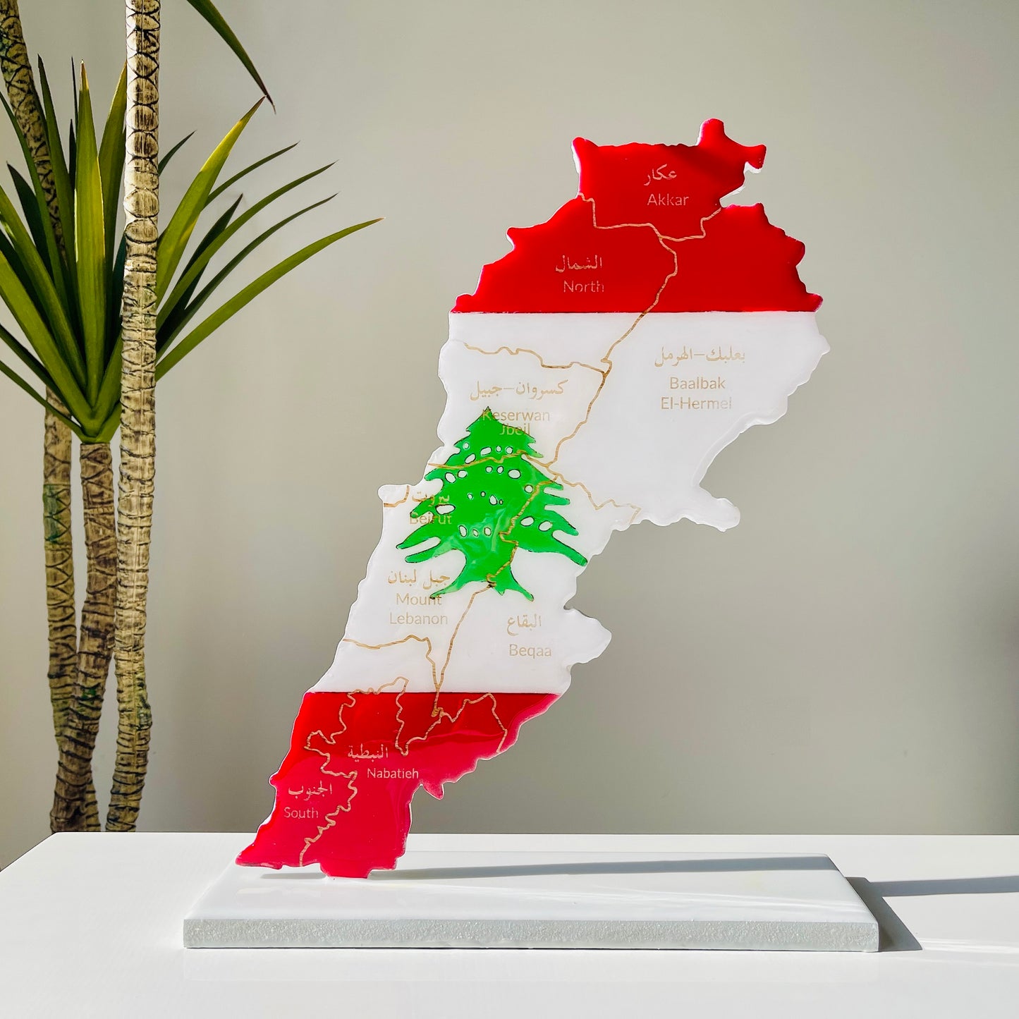 Lebanon Map with Flag Colours & Resin Finish on a stand