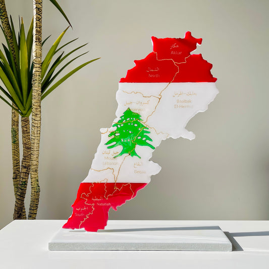 Lebanon Map with Flag Colours & Resin Finish on a stand