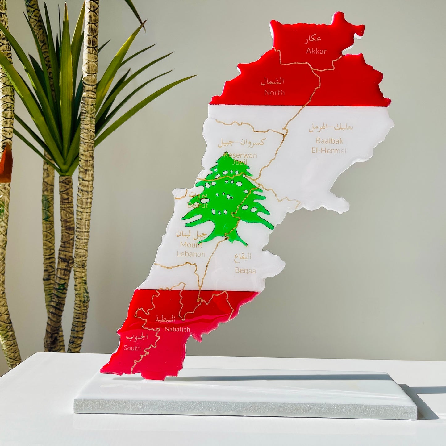 Lebanon Map with Flag Colours & Resin Finish on a stand