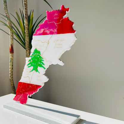 Lebanon Map with Flag Colours & Resin Finish on a stand