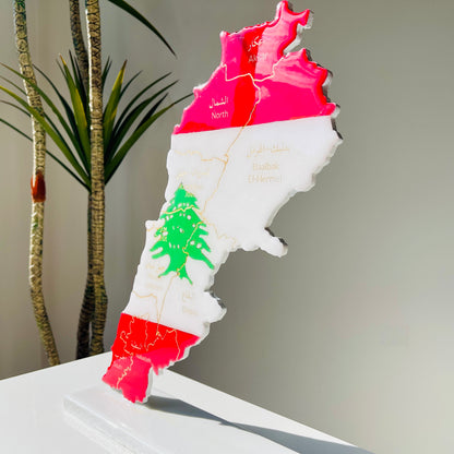 Lebanon Map with Flag Colours & Resin Finish on a stand