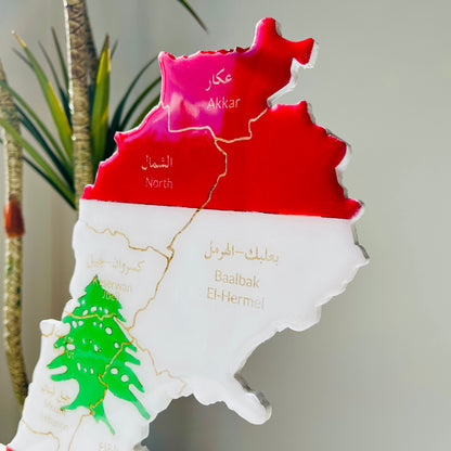 Lebanon Map with Flag Colours & Resin Finish on a stand