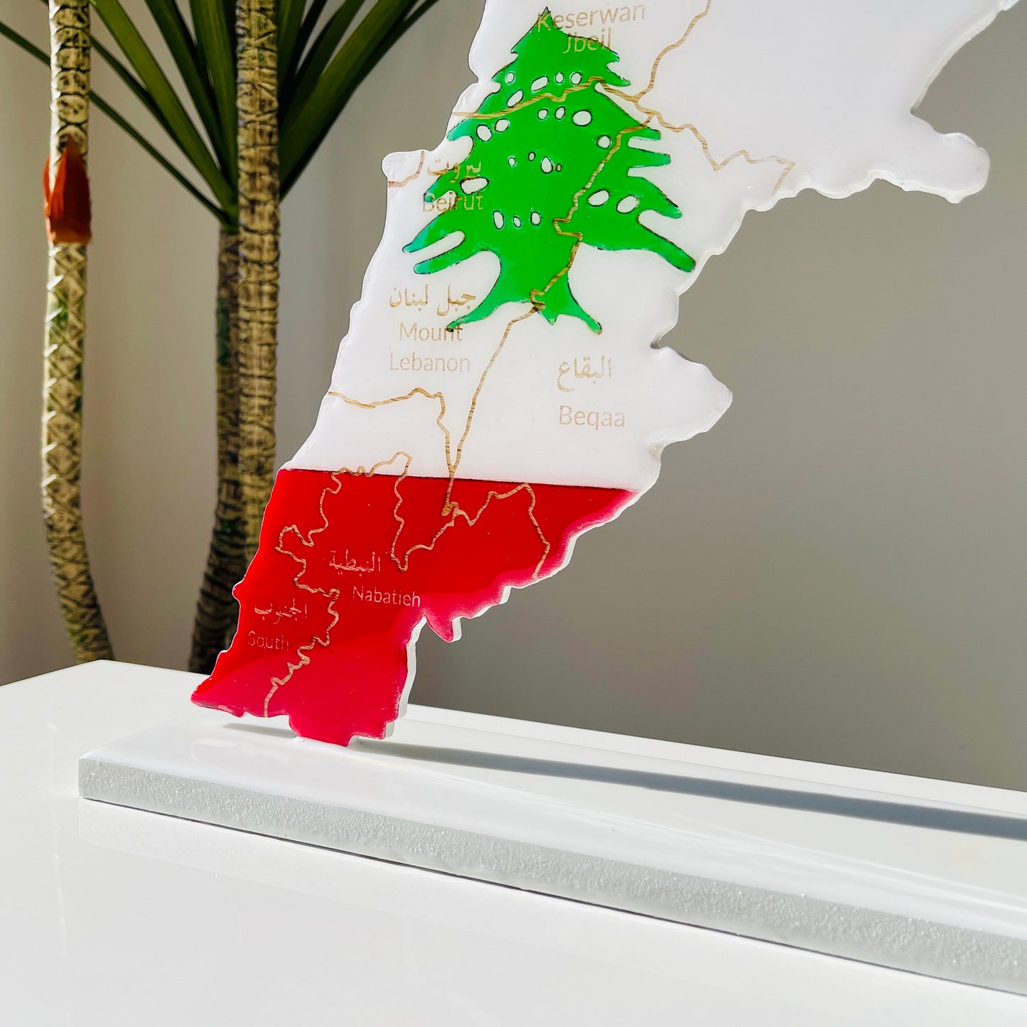 Lebanon Map with Flag Colours & Resin Finish on a stand