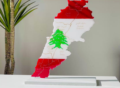 Lebanon Map with Flag Colours & Resin Finish on a stand