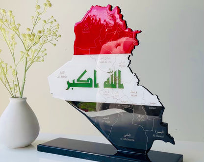 Iraq Map with Flag Colours & Resin Finish on a stand